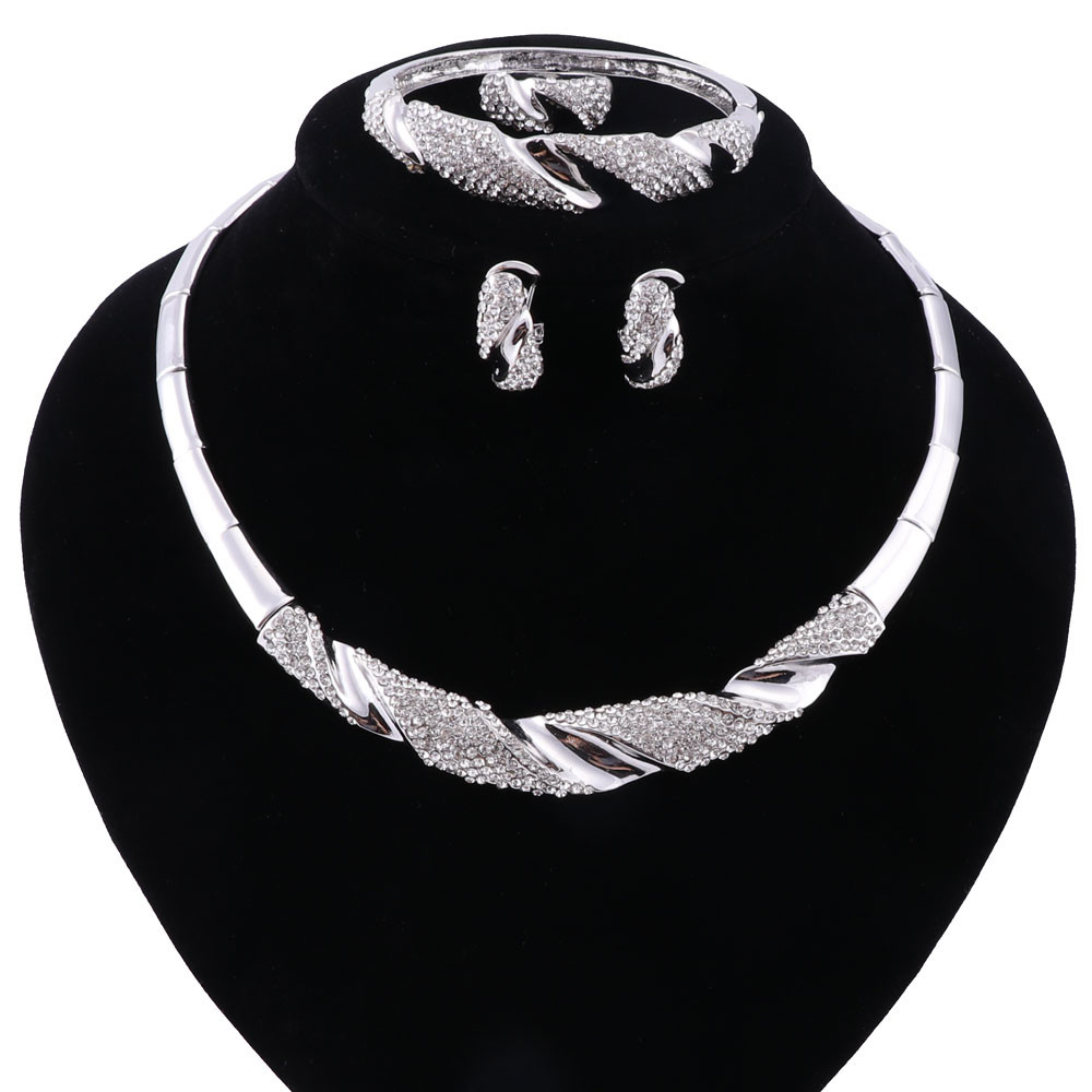 2 Colors Gold Silver Plated Women Statement Necklace Bracelet Ring Earrings For Party Wedding Jewelry Sets