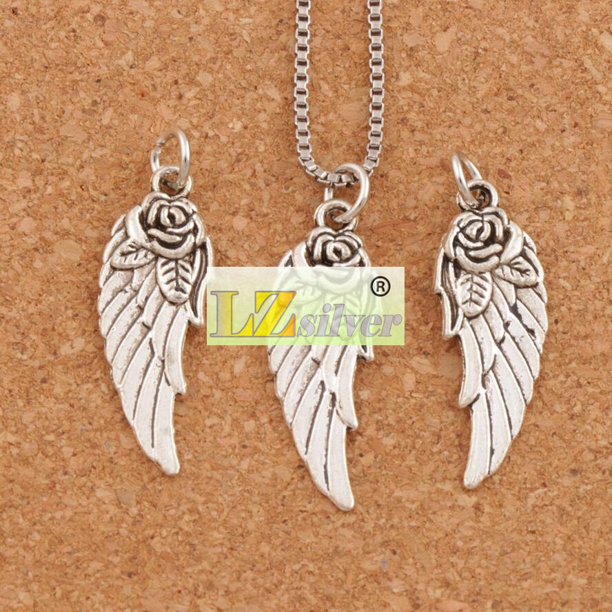 Angel Wing w Rose Spacer Charm Beads 100pcslot 303x107mm Antique Silver Pendants Handmade Jewelry DIY T1625