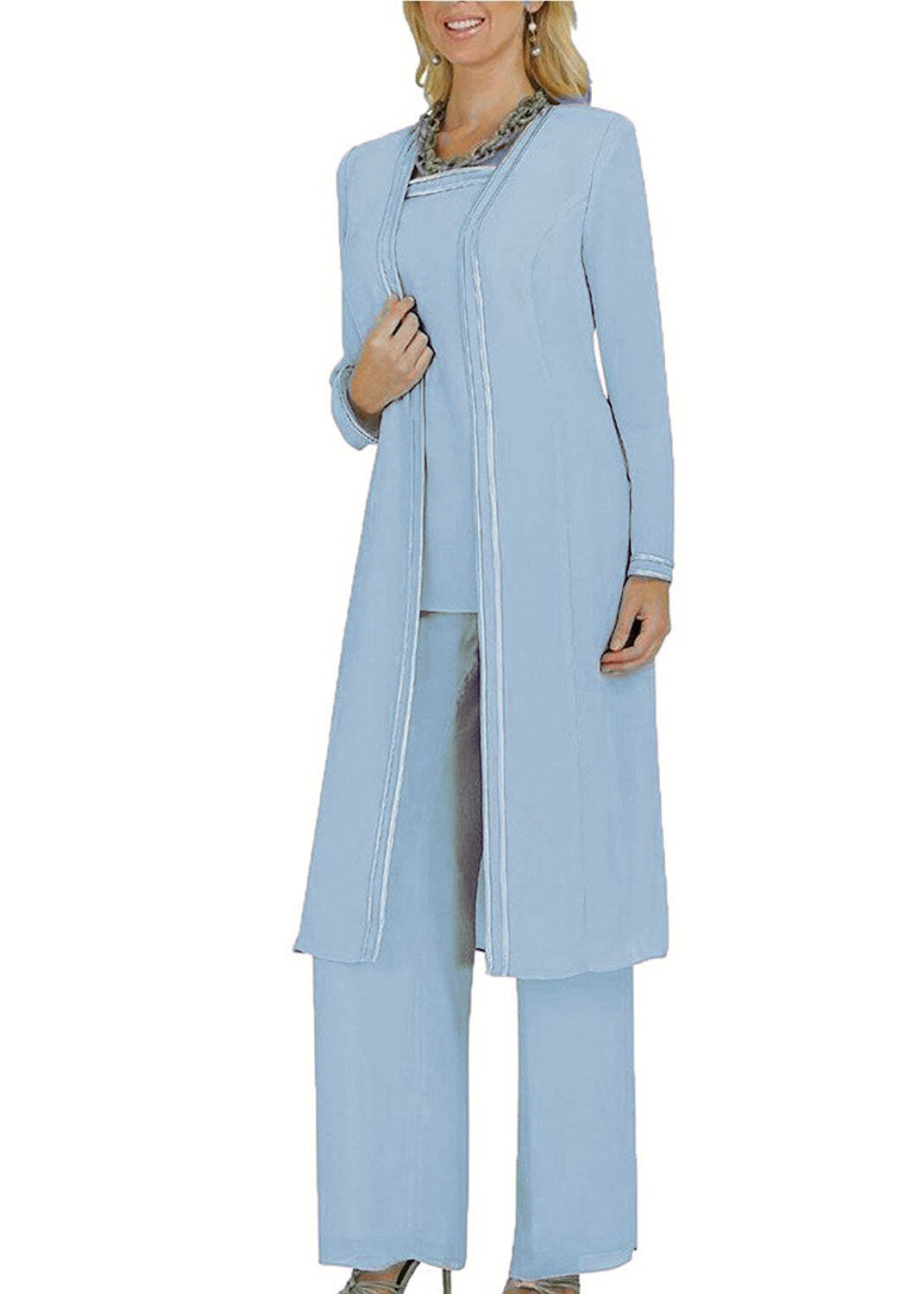 Plus Size Mother of the Bride Pants Suit Elegant 3 Piece Wedding Guest Outfit with Long Jacket - view 9