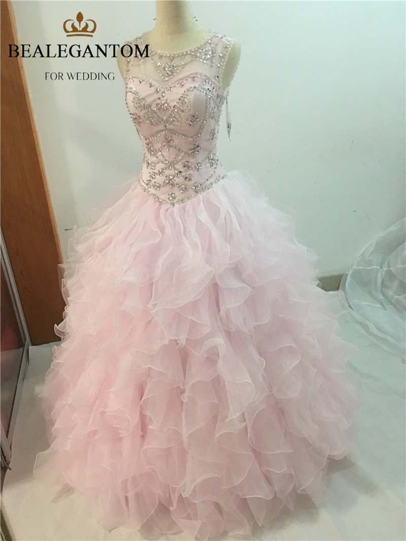 2017 Sexy Pink Backless Crystal Ball Gown Quinceanera Dresses with Sequined Beading Plus Size Sweet 16 Dresses Vestido Debutante Gowns BQ35