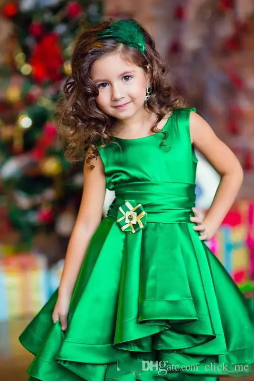 High Low Green Girls Pageant Dresses Satin A Line Pleated Sash Girls Flower Girls Dresses Lovely Children Birthday Dresses Kids Formal Wear