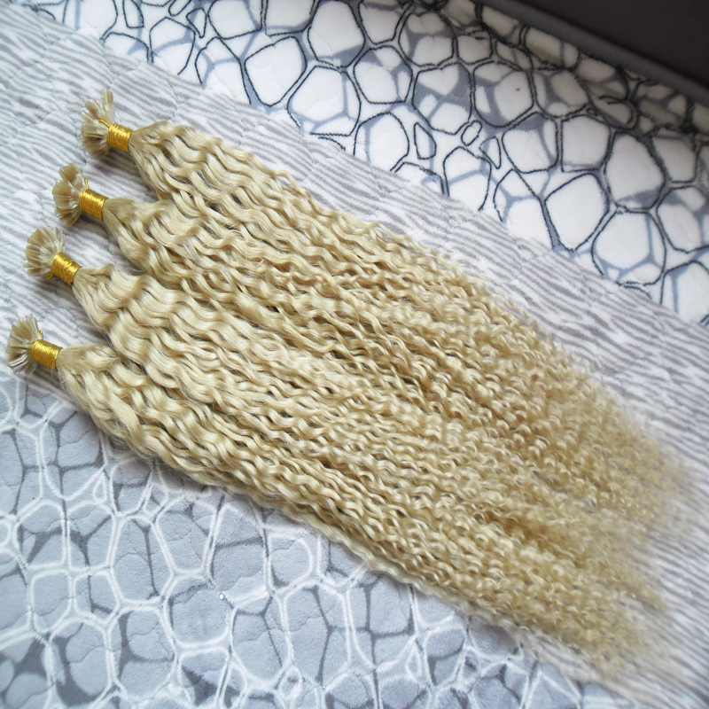 Blonde human hair Keratin stick tip hair extensions 200s curly keratin bond hair extensions pre bonded u tip extensions 200g kinky curly