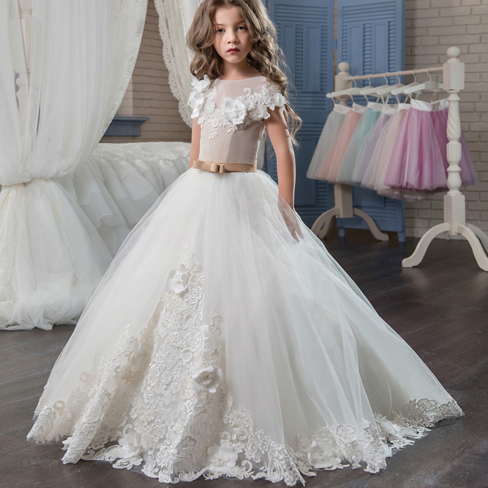 Newest Elegant Tulle First Communion Dresses for Girls Applique Princess Lace Pageant Communion Ball Gown Size customization