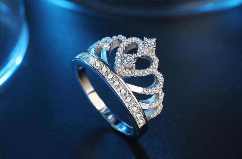 2017 Hot Sale Luxury Jewelry 925 Sterling Silver White Topaz Simulated Diamond Gemstones Women Wedding Lady's Finger Crown Ring Size5-11