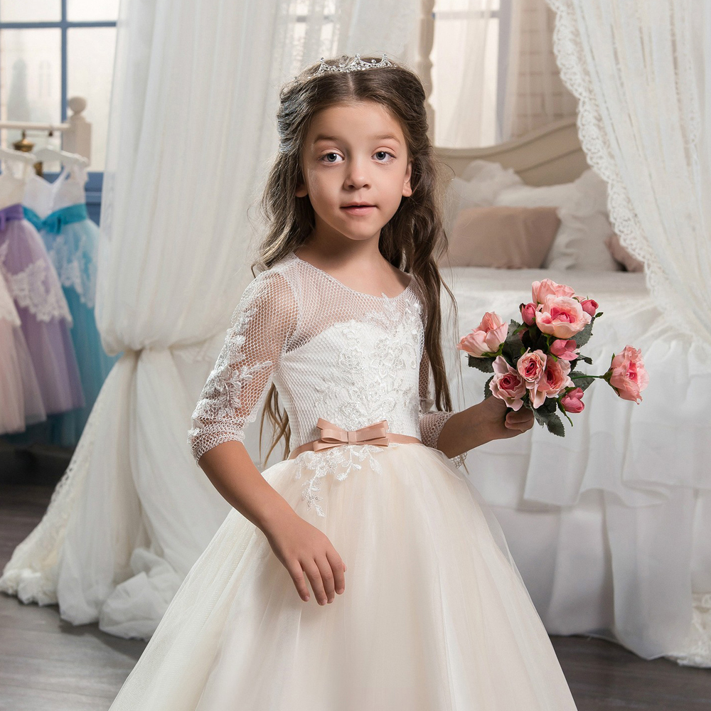 2020 Beautiful Champagne Lace Flower Girl Dress with Sleeves Lace Train Kids Corset Ball Gown Prom Dress for Girls Size 8 12