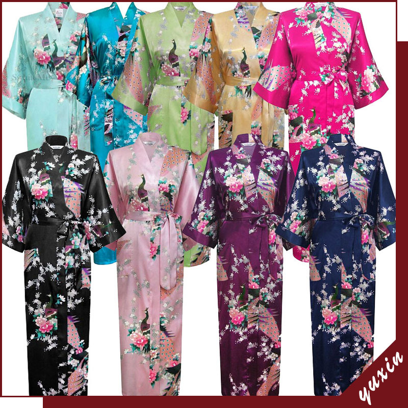 Wholesale- Purple Fashion Women's Peacock Long Kimono Bath Robe Nightgown Gown Yukata Bathrobe Sleepwear With Belt S M L XL XXL XXXL