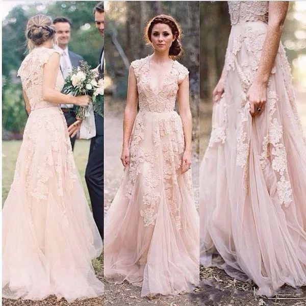 Vintage Lace Wedding Dresses Champagne Sweetheart Ruffles Gown Cap Sleeve Deep V neck Layered Reem Acra Bridal Gowns