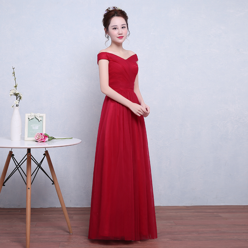 Elegant Burgundy Red Long Tulle Pleat Evening Dresses vestido longo festa Women dresses Off the Shoulder Formal Gowns Prom Dresses soiree