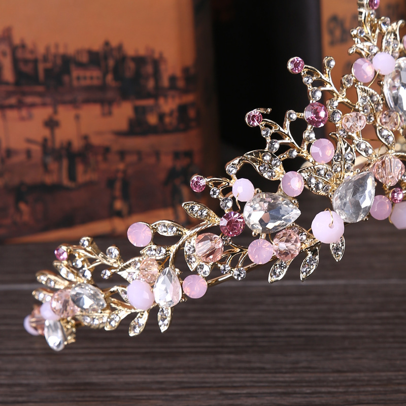 Exquisite Beaded Crystal Bridal Tiara Earrings Handmade Prom Quinceanera Pageant Wedding Crown Earrings Set Three Colors Pink Gold