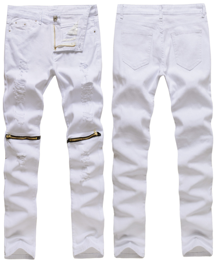 Wholesale- Men Stylish Ripped Jeans Zipper Hollow Out Biker Classic Skinny Slim Straight Denim Trousers free shipping 4 colors, White gold zipper
Wholesale- Men Stylish Ripped Jeans Zipper Hollow Out Biker Classic Skinny Slim Straight Denim Trousers free shipping 4 colors, White gold zipper