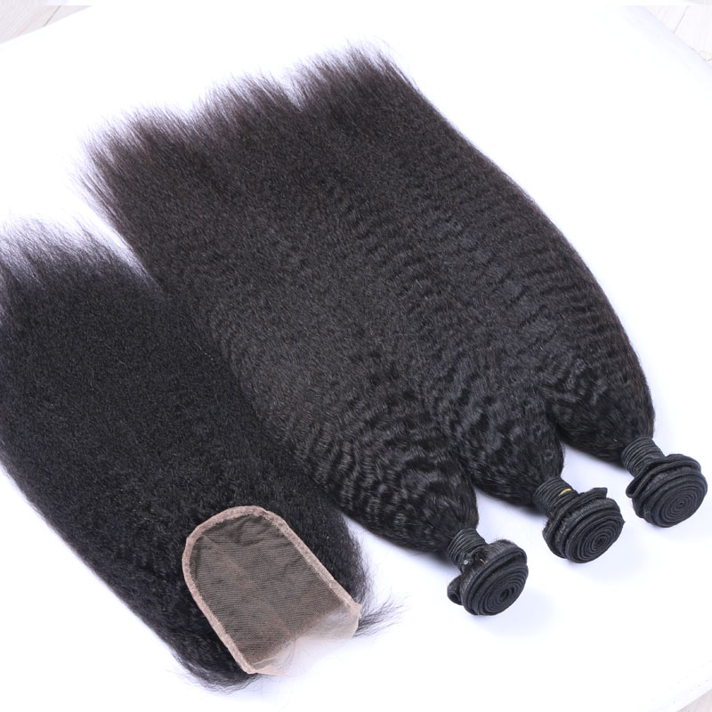 Afro Kinky Straight Brazilian Hair Bundles With Closure Human Hair Weaves Closure 4x4 Free Part Natural Color 1B Black