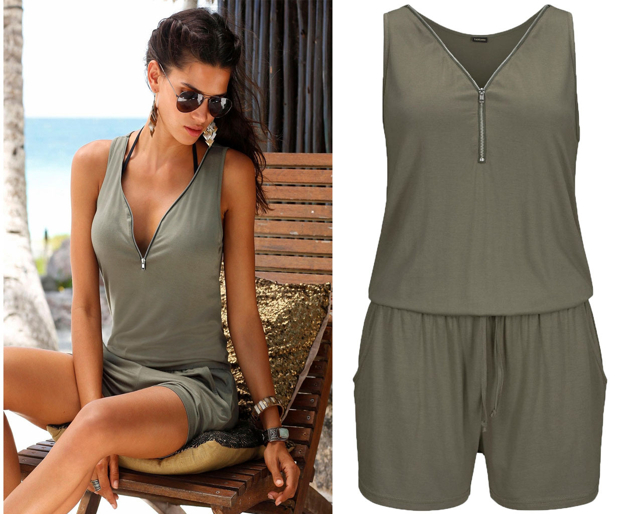 European solid color sleeveless zipper V-neck pocket beach casual piece pants gray green brown black support mixed batch