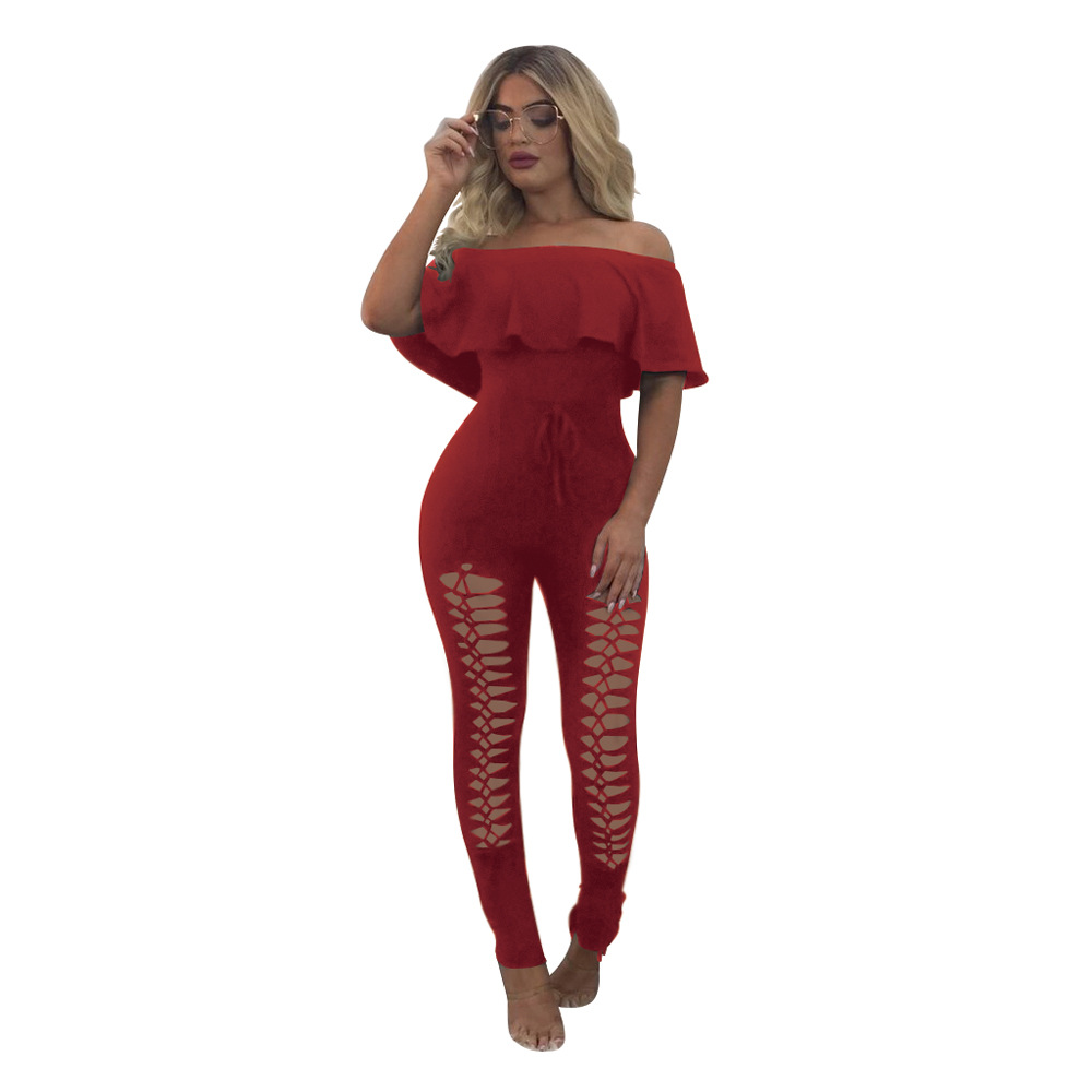 Jumpsuits Europe United States fashion solid color sexy strapless shoulder lotus leaf side thin piece pants Support mixed batch
