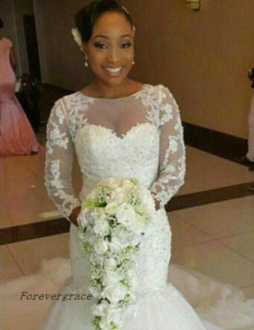 Vintage Saudi Arabia Dubai Mermaid Wedding Dress Sheer Lace Appliques Long Sleeves Garden Formal Bridal Gown Plus Size Custom Made