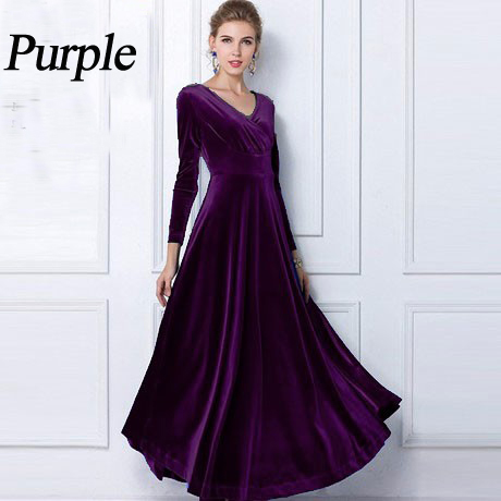 Wholesale- Winter Women Plus Size Velvet Dress Long Sleeve Maxi Dress Evening Party Vintage Dress Black Blue Green Purple Vestido Longo