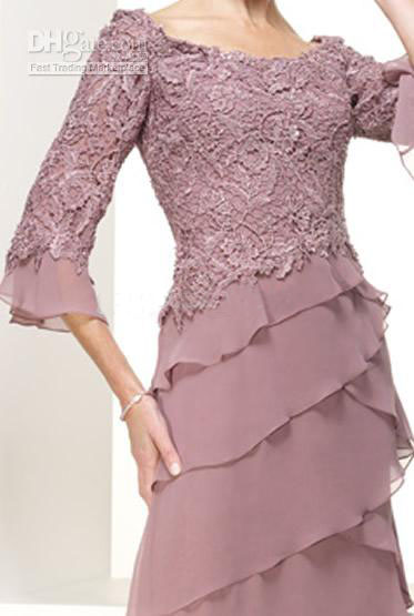 Elegant 2017 New Pale Mauve Lace And Chiffon Mother Of The Bride Dresses Cheap 3/4 Long Sleeve Tiered Mother Groom Dress EN1217
