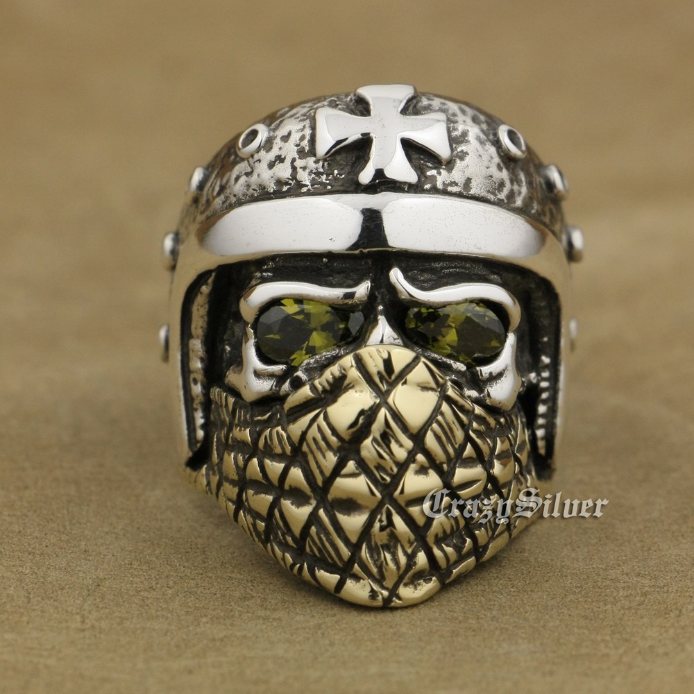 LINSION 925 Sterling Silver Motorcycle Helmet Skull Ring Olive Green CZ Eyes Brass Mask Mens Biker Rock Punk TA27 US Size 7 to 15