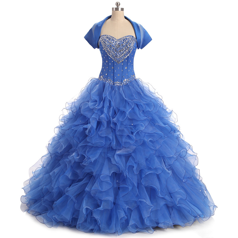 2017 Fashion Blue Crystal Ball Gown Quinceanera Dresses with Beading Sequin Organza Lace Up Sweet 16 Dresses Vestido Debutante Gowns BQ12
