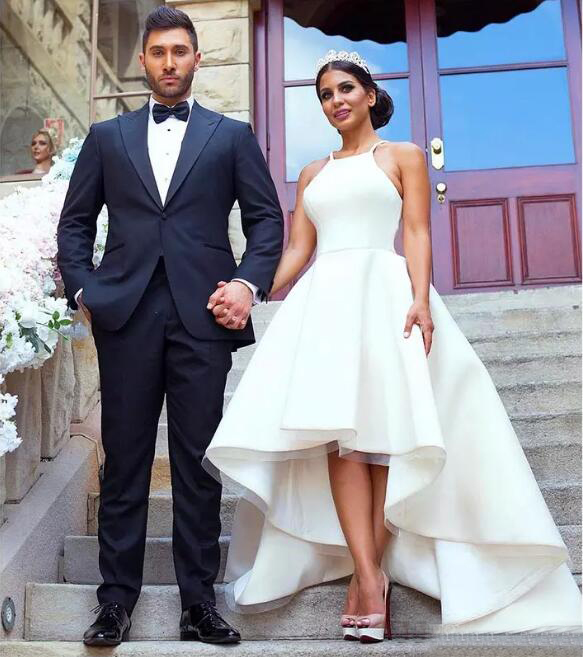 2017 Arabic White High Low Wedding Dresses Cheap Halter Zipper Back Simple Bridal Gowns Plus Size Custom Made China EN8056
