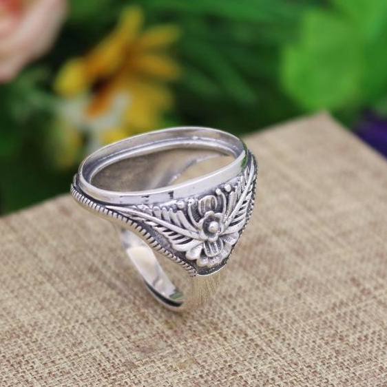 Antique Vintage Art Deco 17x24mm Oval Cabochon Semi Mount Engagement Ring Flower Fine Jewelry Fine Silver Wedding Ring Setting