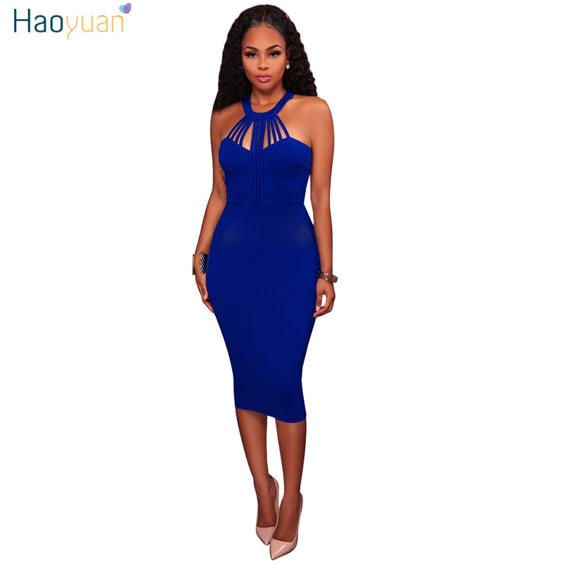 HAOYUAN Off Shoulder Bodycon Dress Sleeveless Back Zipper Robe Sexy Dress Club Vestidos Hollow Out Blue Red Pink Party Dresses q1110