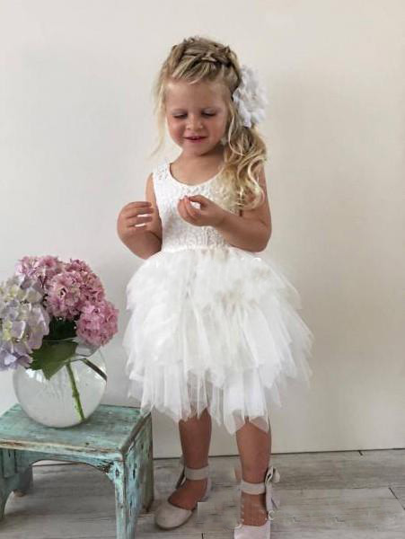 Cute Boho Wedding Flower Girl Dresses for Toddler Infant Baby White Lace Ruffles Tulle Jewel Neck Cheap Little Child Formal Party Dress