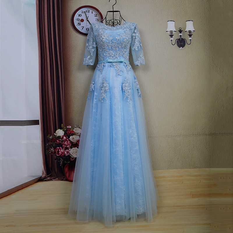 Light Sky Blue Evening Dresses Sweep Train Pleats Tulle Three Quarter Sleeves Lace-up Back Lace Applique with Beading Formal Gowns, Dark navy
Light Sky Blue Evening Dresses Sweep Train Pleats Tulle Three Quarter Sleeves Lace-up Back Lace Applique with Beading Formal Gowns, Dark navy
