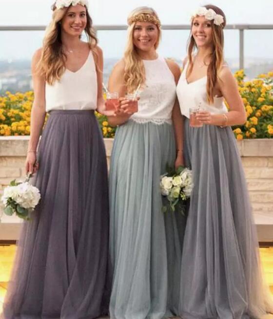 Bohemian Spaghetti Two Tone Bridesmaid Dresses Long Beach Boho Tulle Spaghetti Jewel Neck Floor Length Maid Of Honor Gown EN7254