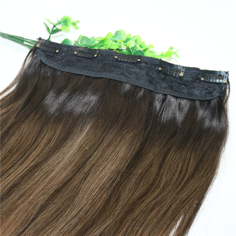 One Piece Clip In Human Hair Extensions 5Clips With Lace Straight Brazilian Virgin Hair Ombre Dark Brown Balayage 2/6