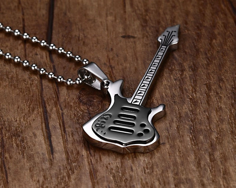 Wholesale-Fashion Guitar Necklace Pendant Music Jewelry Stainless Steel 3 Color Wholesale with 60cm Ball Chain