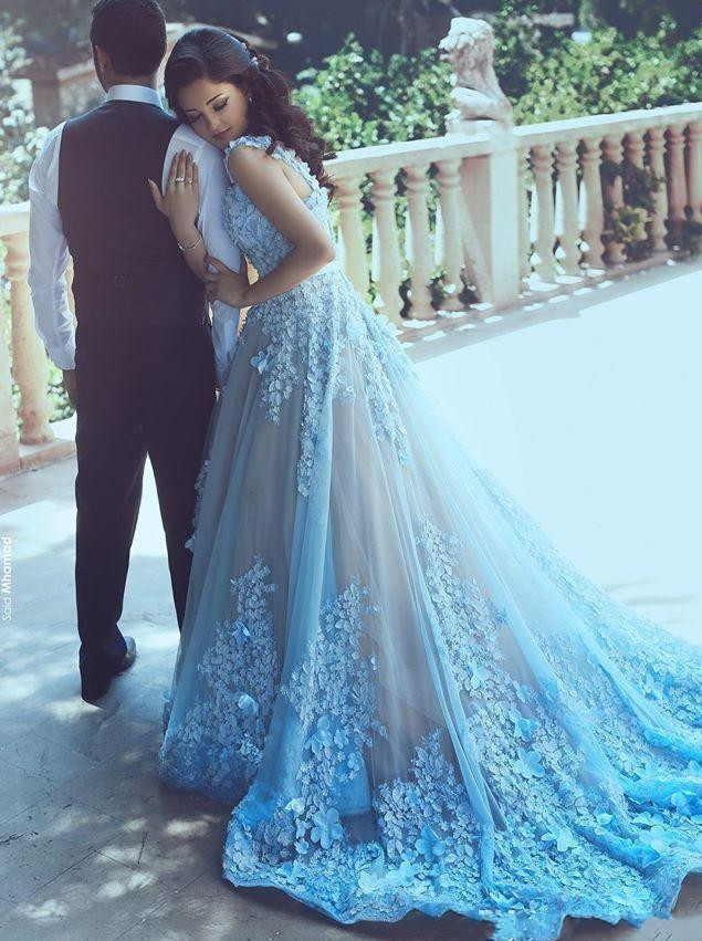 Sky Blue 3D Flower Arabic Women Prom Dresses With Waist Sash Formal 2017 Evening Party Dress Long Tulle Jewel Neck vestido de festa