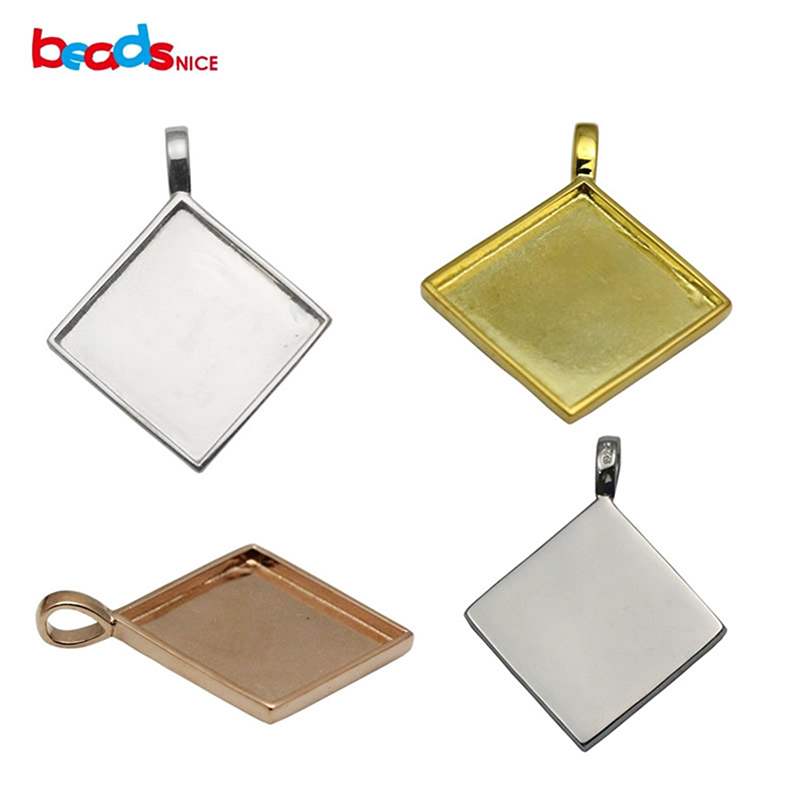 Beadsnice rhombus pendant tray 925 sterling silver cabochon bezel setting handmade necklace pendant new arrive DIY gift ID 33828