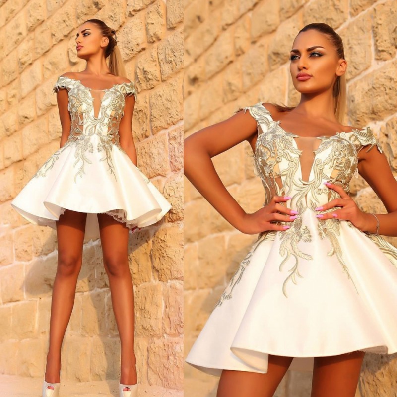 White Cocktail Dresses Off The Shoulder Sexy Prom Dress Lace Applique Short Mini Evening Gowns Plus Size Party Formal Gowns