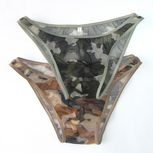 New Mens Bikini Fashional Panties G3780 Front Pouch Moderate Back Briefs Bikini C-thru Mesh Camo Camouflage print mens underwear