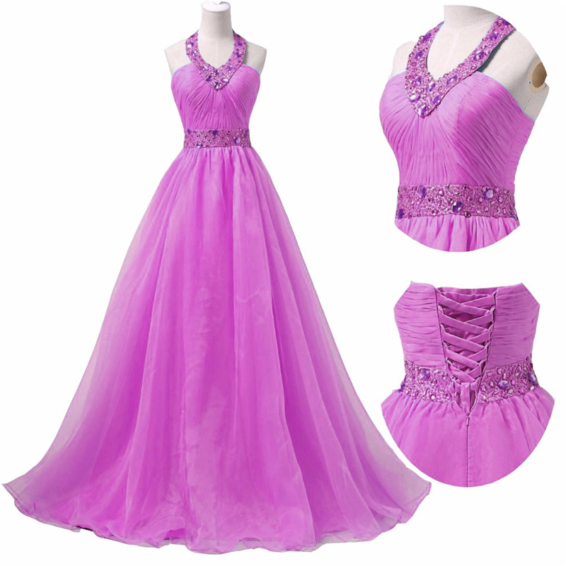 2017 Sexy Halter Crystal A-Line Formal Evening Dresses With Beading Sequined Organza Floor-Length Plus Size Prom Party Celebrity Gowns BE23