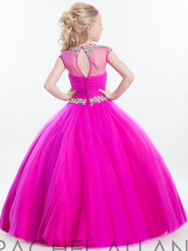 Tulle Plum Ball Gown Pageant Dresses Rachel Allan Sheer Neck Rhinestones Beaded Kids Formal Special Flower Girl Wedding Dress HY1140