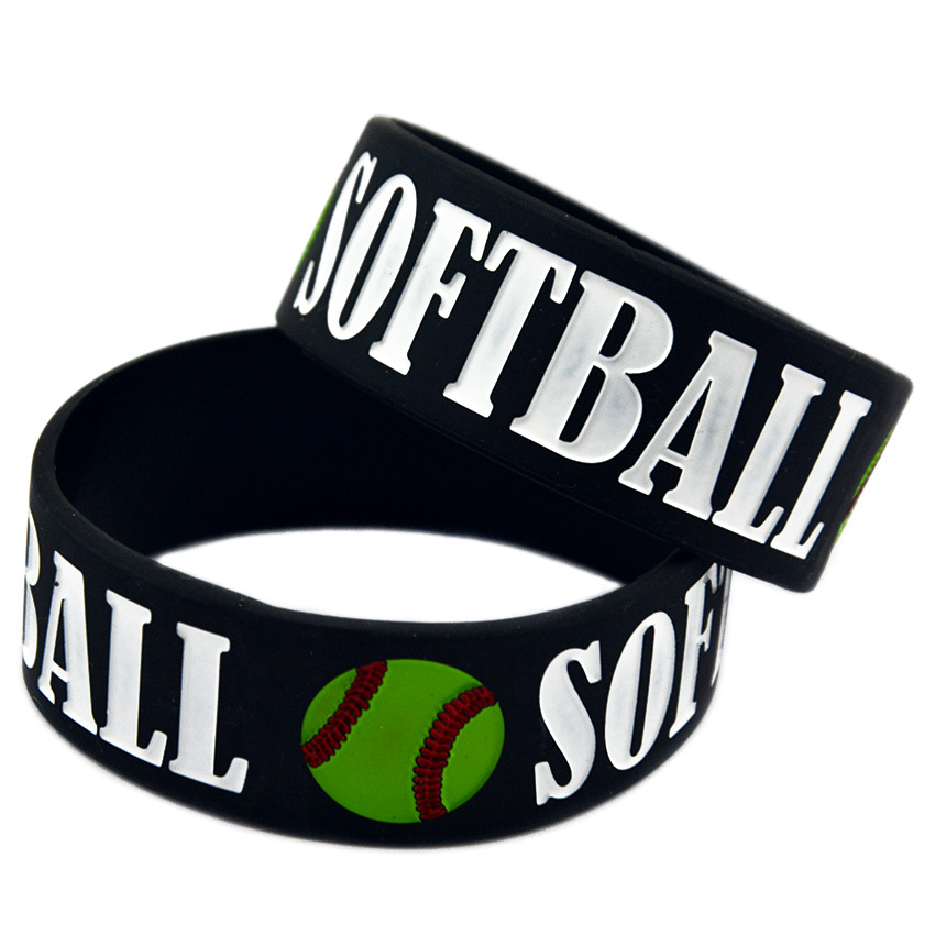 50PCS Softball 1 Inch Wide Silicone Rubber Bracelet Decoration Logo Black Adult Size for Sport Fans Gift