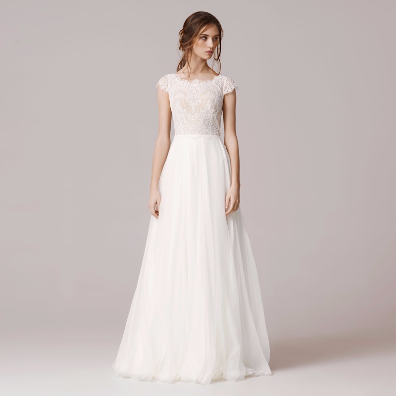 

2019 A Line Lace Wedding Dress Floor Length Chiffon Tulle Vestido De Novia Square Neckline Cap Sleeve Bridal Gowns Robe De Mariage W906, Black & white