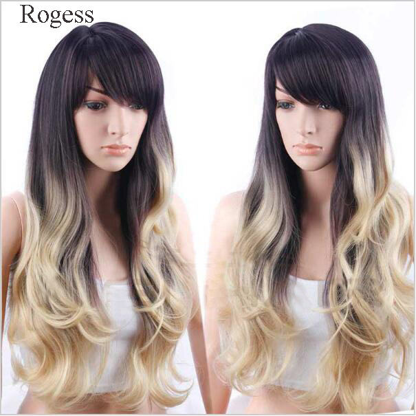New Fashion Long Wave Black Ombre Blond Synthetic wig with Qi Bangs women's Hair wigs for life Cosplay