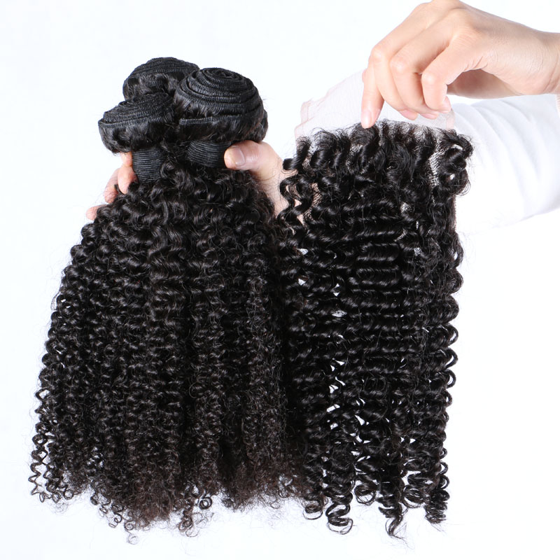 Afro Kinky Curl Brazilian Hair Bundles With Closure Human Hair Weaves Closure 4x4 Free Part Natural Color 1B Black