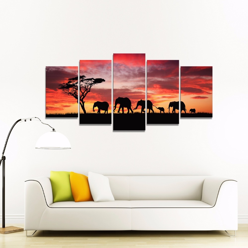 5Panel Modern Africa Elephant Landscape Oil Painting on Canvas for Living Room Wall Art Gift Decoration Home No Frame