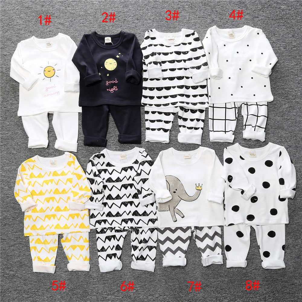 8 Style INS Baby Girls boys ins stripe Suits Pajamas Children Christmas Cotton cartoon long Sleeve T-shirt+Pants 2pcs sets kids clothes Z11