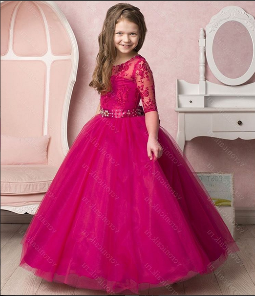 lace arabic flower girl dresses half sleeves beaded tulle child wedding dresses vintage little girl pageant dresses fg01