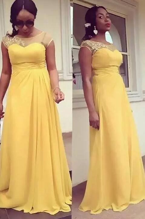 African Style 2017 Yellow Chiffon Bridesmaid Dresses Long Cheap Sheer Neck Capped Sleeve Maid Of Honor Wedding Party Guest Dress EN11247