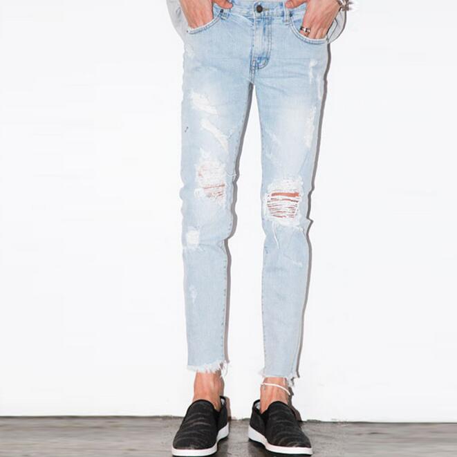 Wholesale- Men Destroyed Broken Light Blue Jeans Ankle Length Mens Garment Washed Denim Pants Bleached Ripped Jeans Korean Fashion, As the picture shows
Wholesale- Men Destroyed Broken Light Blue Jeans Ankle Length Mens Garment Washed Denim Pants Bleached Ripped Jeans Korean Fashion, As the picture shows