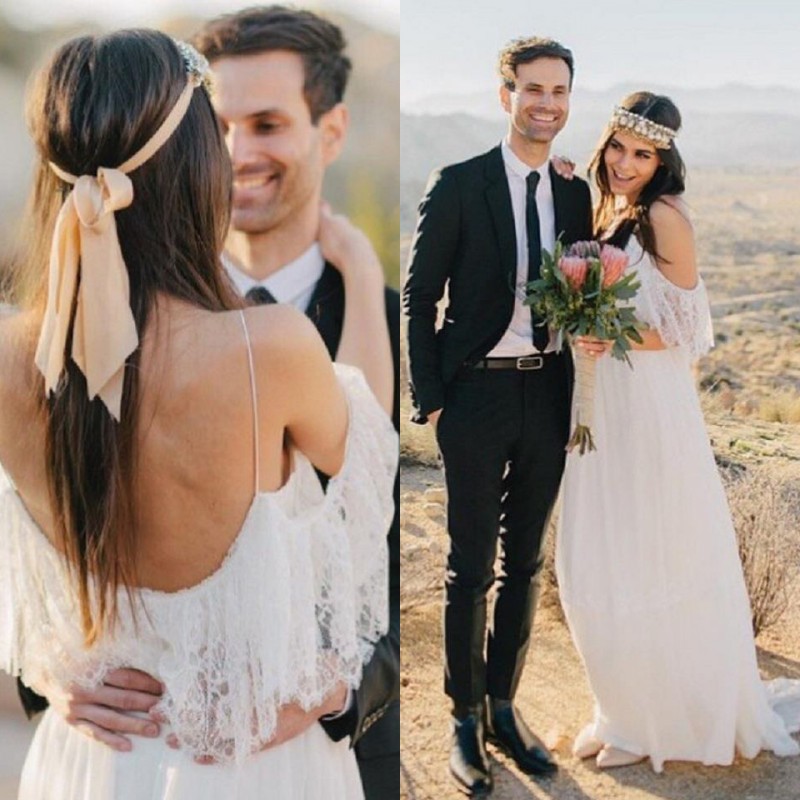 Sexy Flowy Bohemian Wedding Dresses Spaghetti Off The Shoulder Lace Flounce Neckline A-line Empire Chiffon Beach Maternity Bridal Gowns