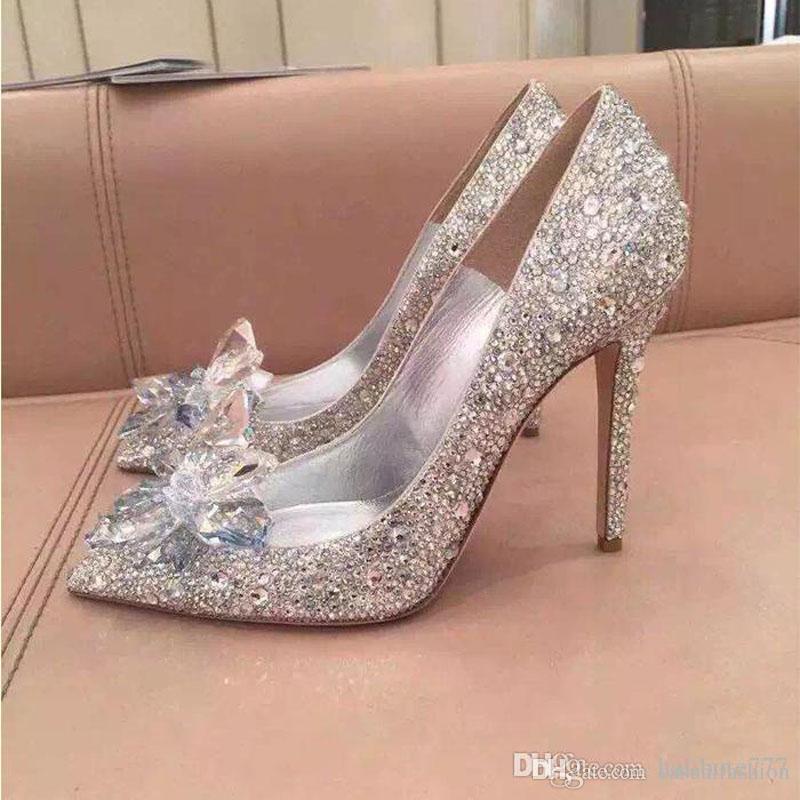 New Luxurious Cinderella Silver High Heels Crystal Summer Wedding Bridal Shoes Pointed Toe Thin Heel Rhinestone Butterfly BlingBling Shoes