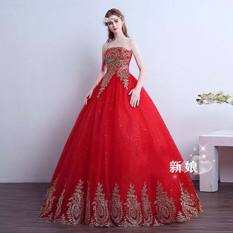 Cheap Lace Red Wedding Dress In Stock Sweetheart Strapless Floor Length and Court Train Lace Up Backless Gold Applique Bridal Gowns