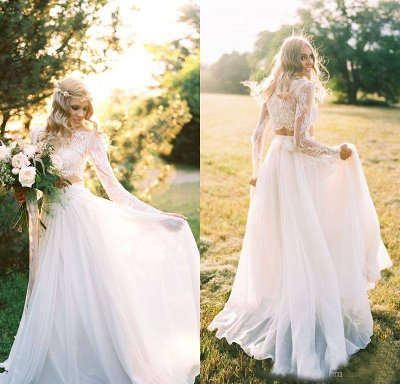 2017 2 Pieces Chiffon Lace Wedding Dresses Beach/Country Bridal Gowns With Long Sleeves Floor Length High Collar Cheap, Pink
2017 2 Pieces Chiffon Lace Wedding Dresses Beach/Country Bridal Gowns With Long Sleeves Floor Length High Collar Cheap, Pink