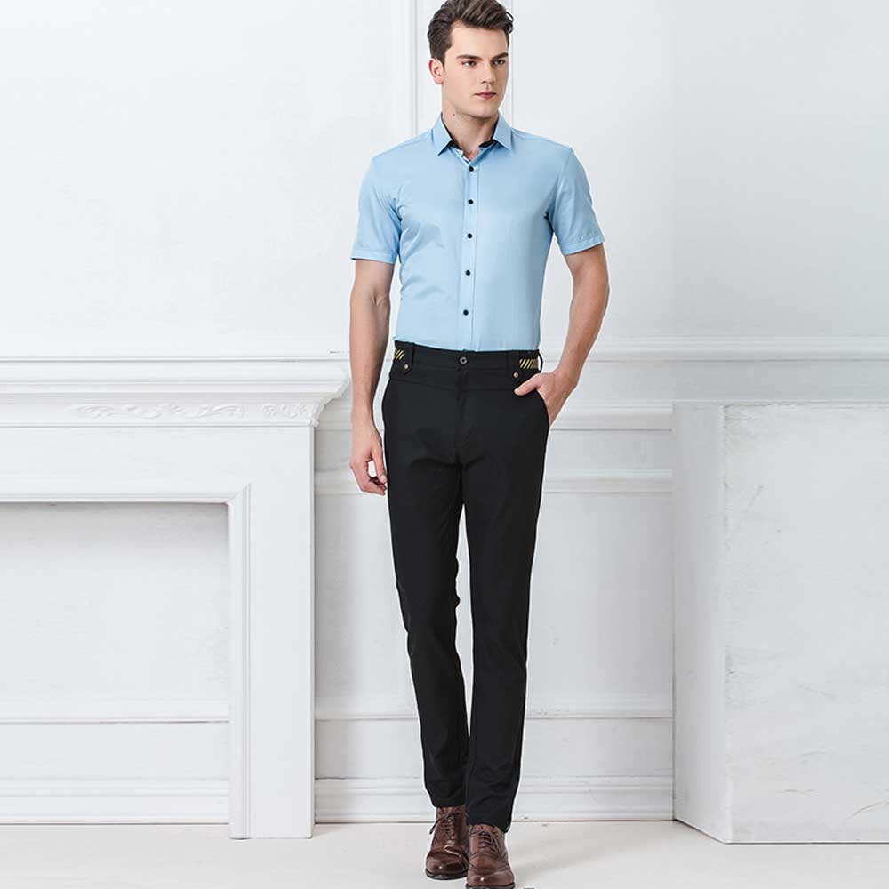 Wholesale- Flat Front Men's Business Pants Fitted Casual Work Trousers Tailored Formal Wear Solid Color Black Navy Blue  Quality